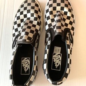 Vans Silver and Black Metallic Checkerboard Slip On Sneakers